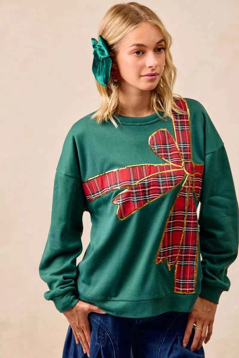 BiBi Plaid Ribbon Bow Detail Christmas Fleece Women's Sweatshirt