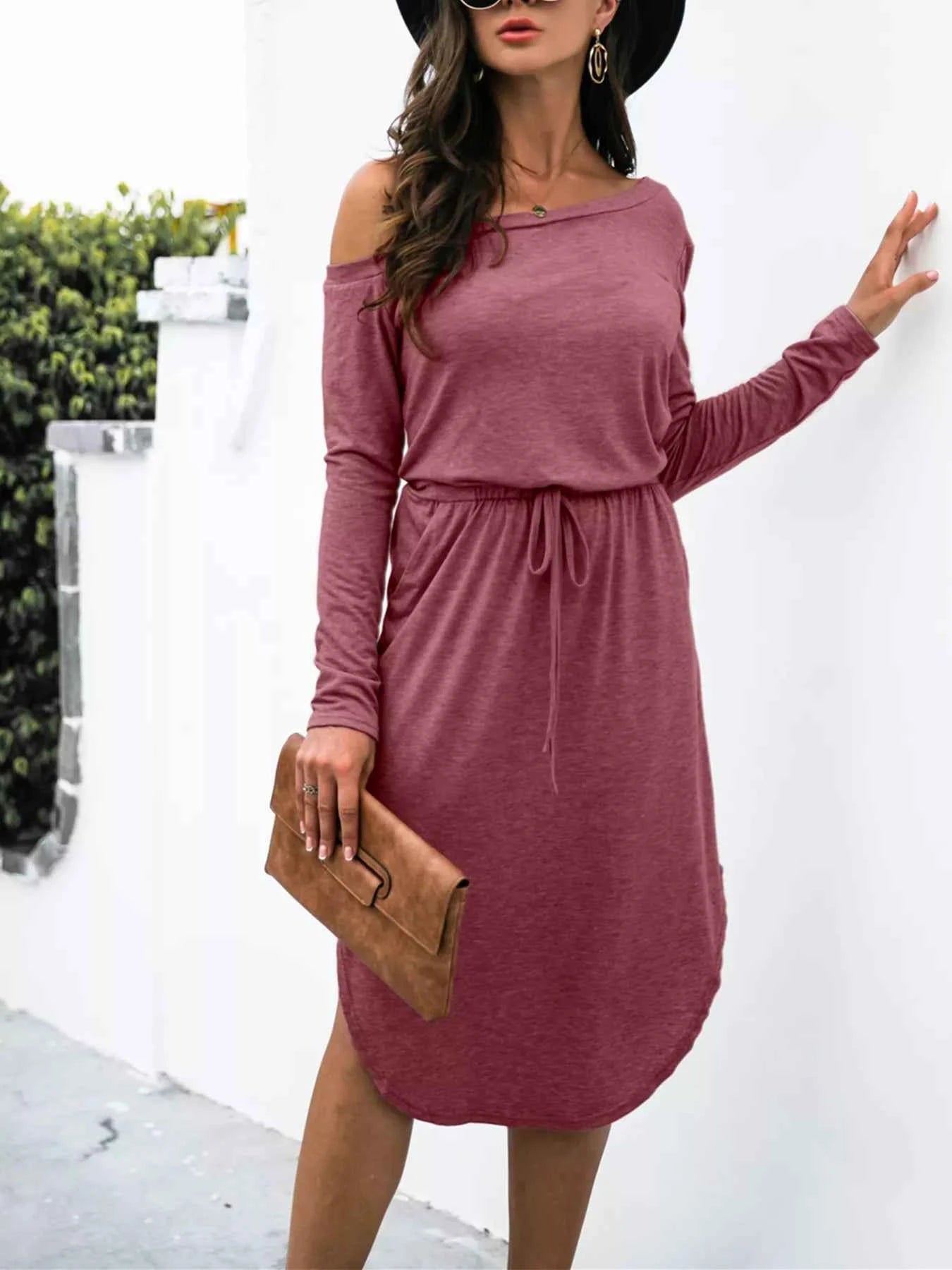 One-Shoulder Long Sleeve Midi Dress with Drawstring Waist