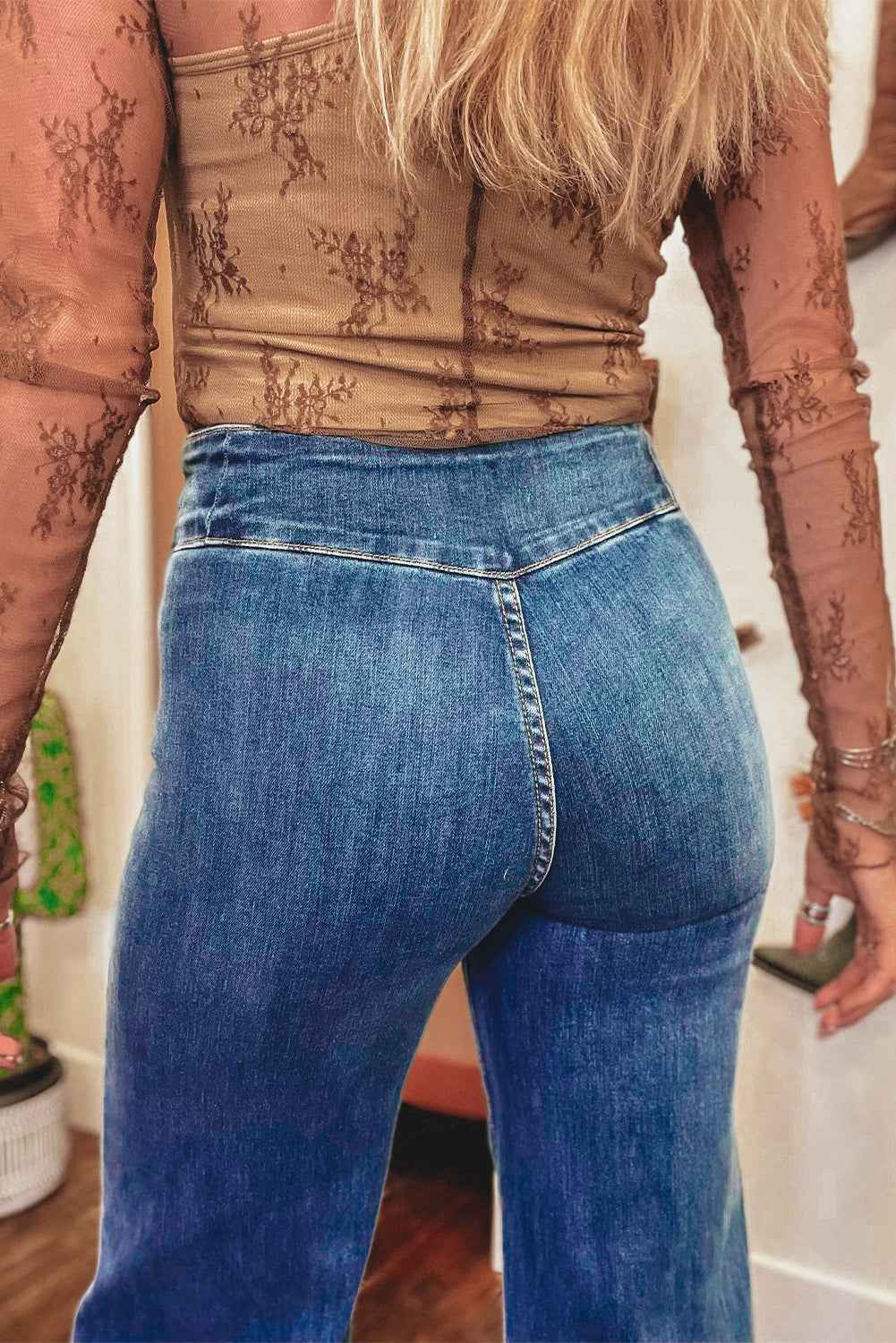 Sail Blue High Waist Jeans With Button Fly And Raw Hem