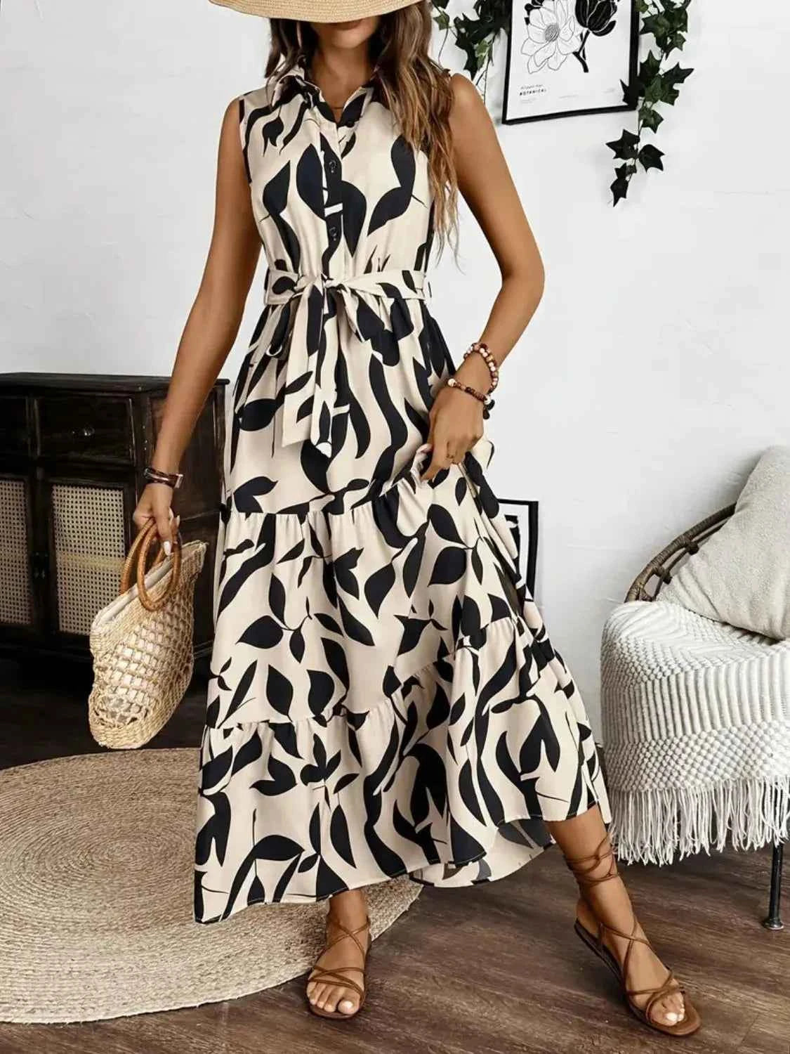 Printed Tie Waist Sleeveless Maxi Dress