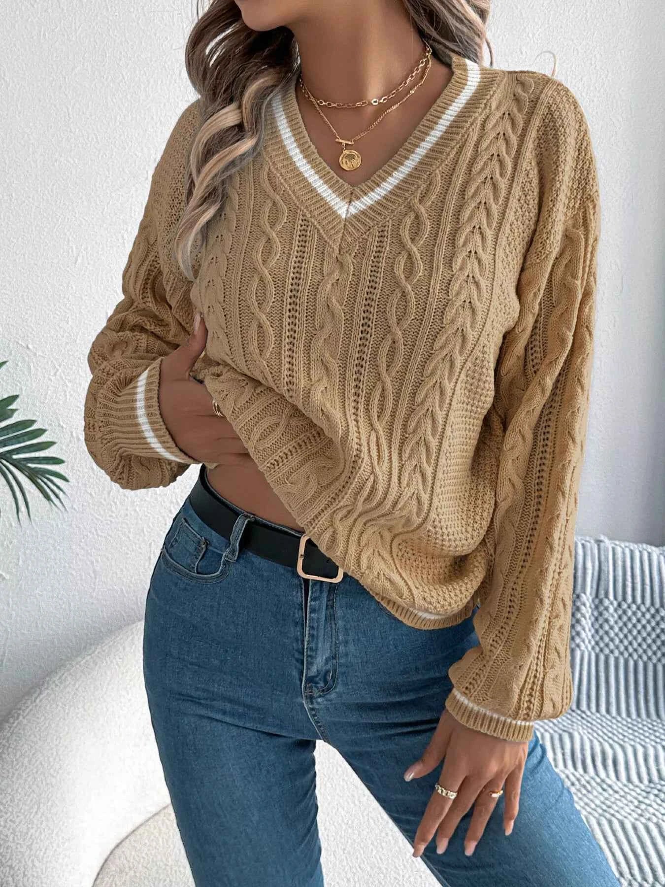 V-Neck Cable Knit Long Sleeve Sweater