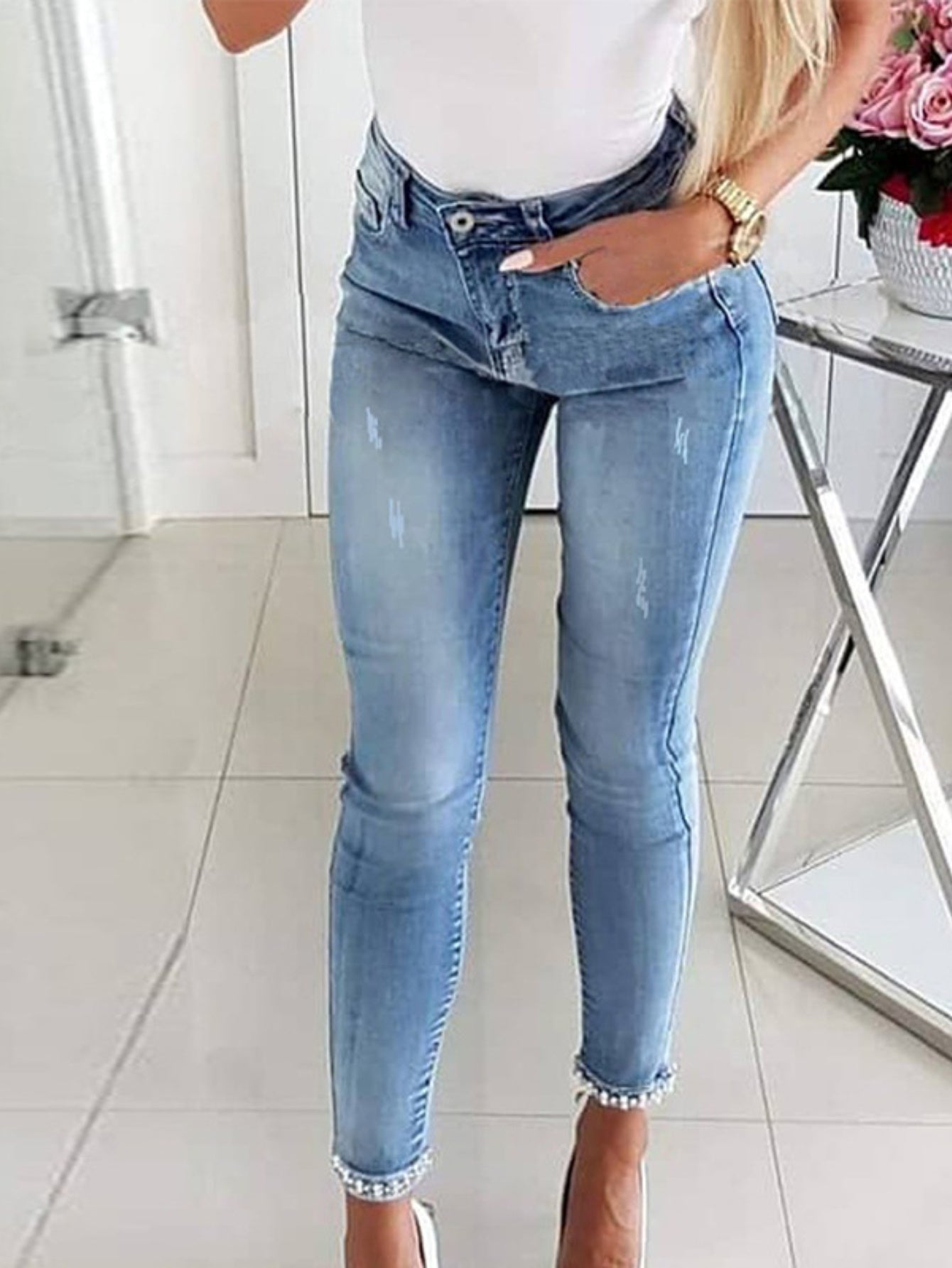 Skinny Split Hem with Floral Flair Women's Jeans