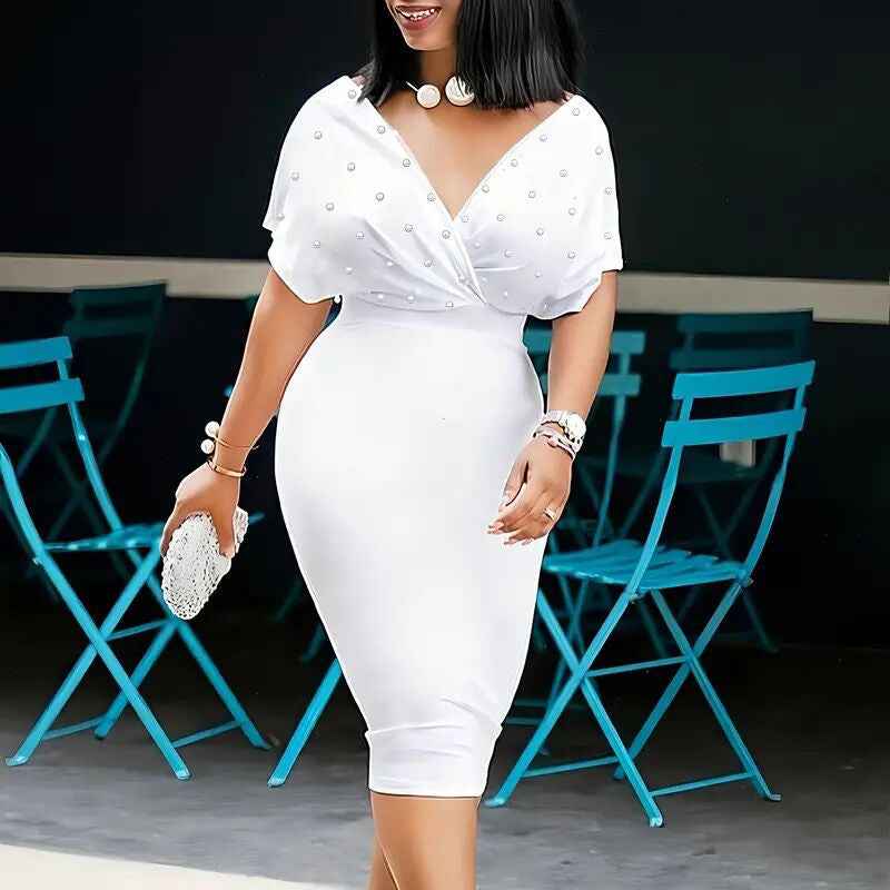 Women's Elegant Deep V Neck Wrap Bodycon Dress Back Zipper Pencil Midi Dress