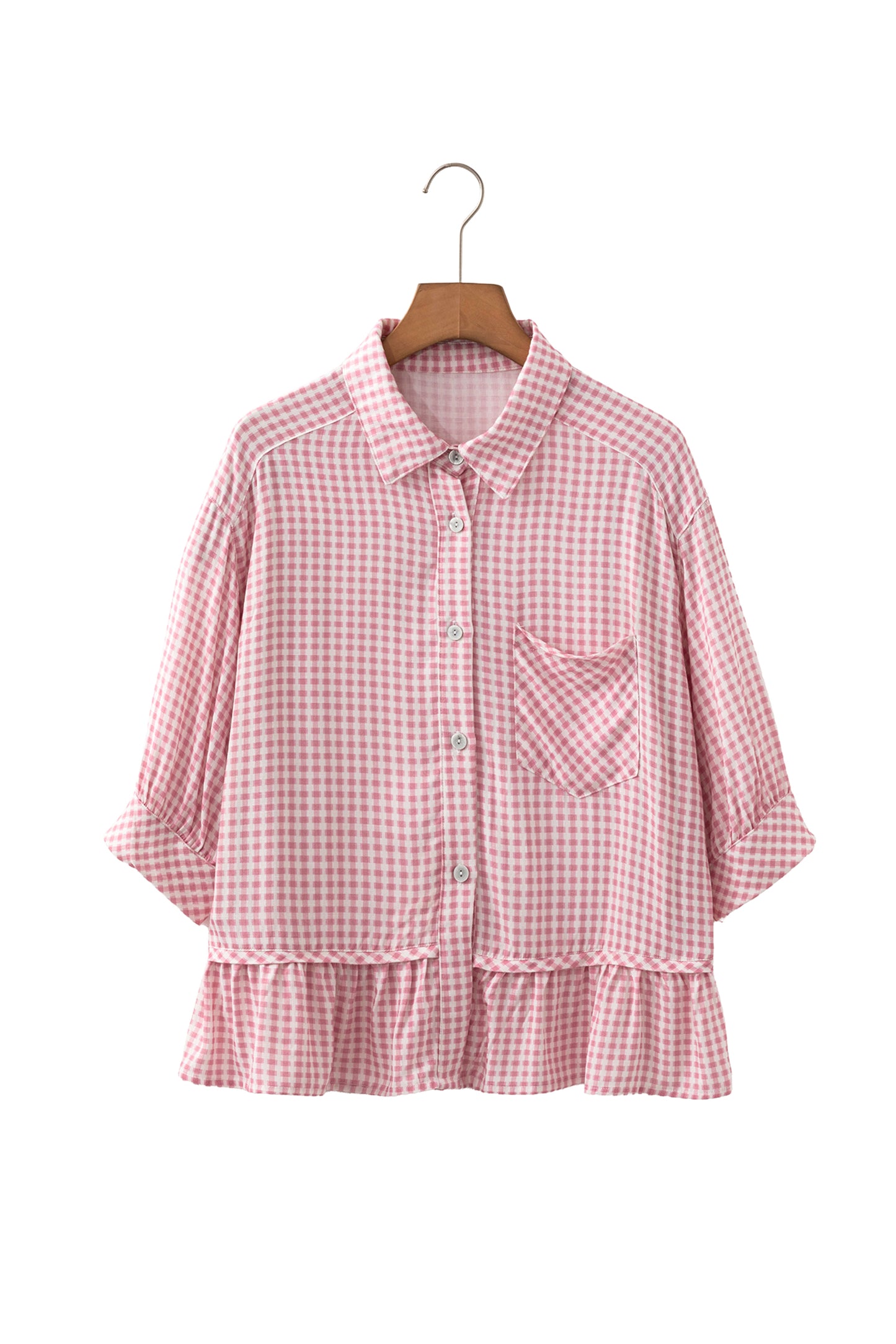 Pink Plaid Half Sleeve Ruffle Hem Button Down Blouse