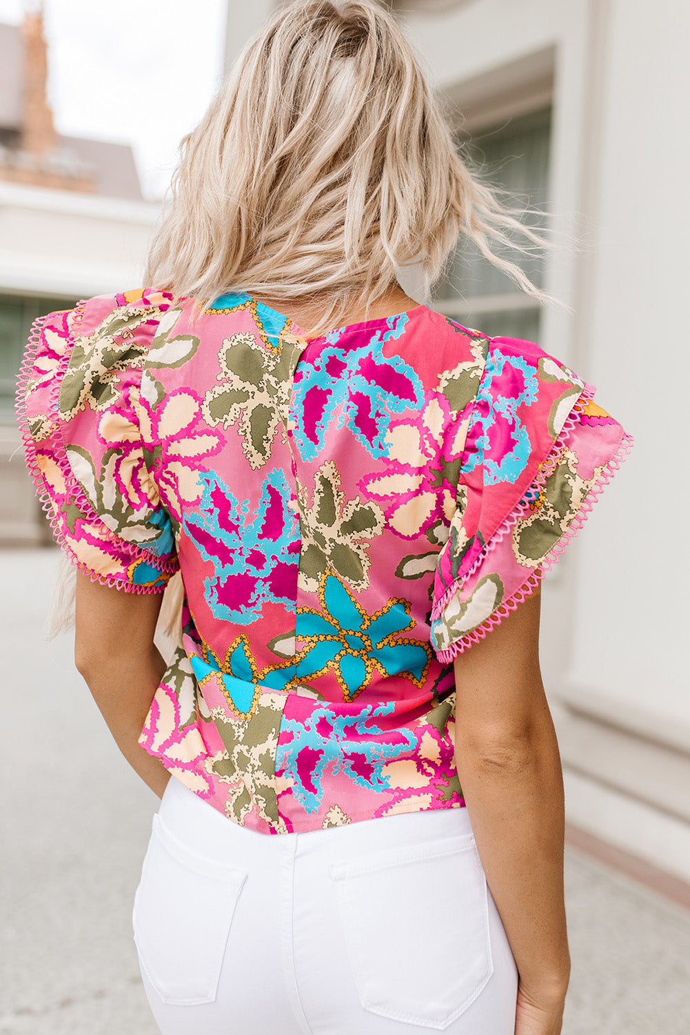 Multicolor Vibrant Floral Print Trimmed Ruffle Sleeve Women's Blouse
