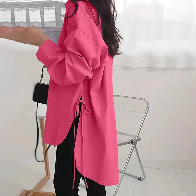 Women's Casual Loose-Fit Long Sleeve Shirt - Side Slit Tie Detail Button-Down Blouse, Solid Color Top - The Eggy's store