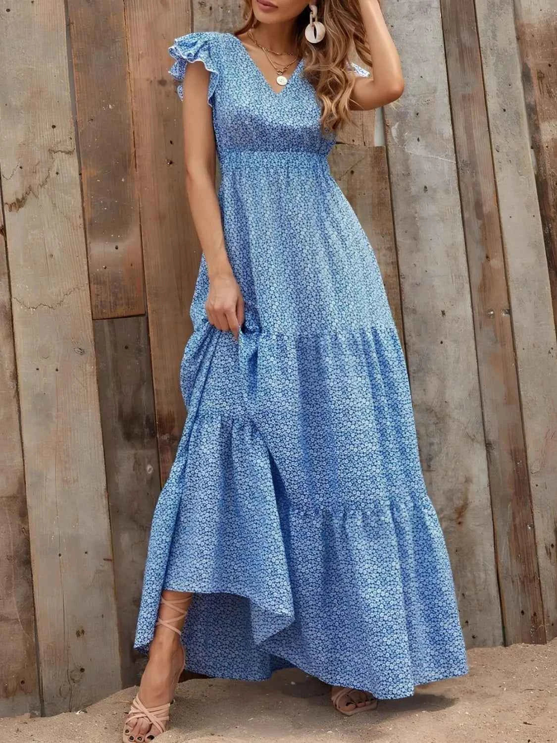 Printed V-Neck Ruffled Cap Sleeve Maxi Dress