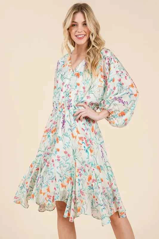 Lime 'N' Chili Floral Cinched Waist Balloon Sleeve V-Neck Dress