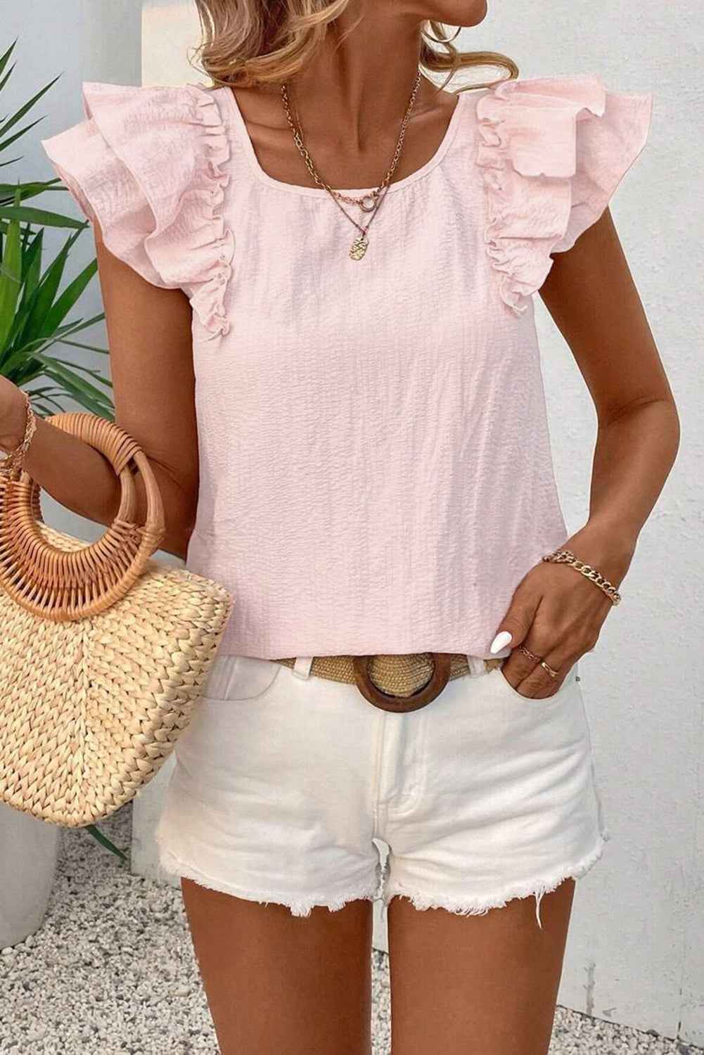 Gossamer Pink Textured Bow Frilled Ruffle Sleeve Blouse