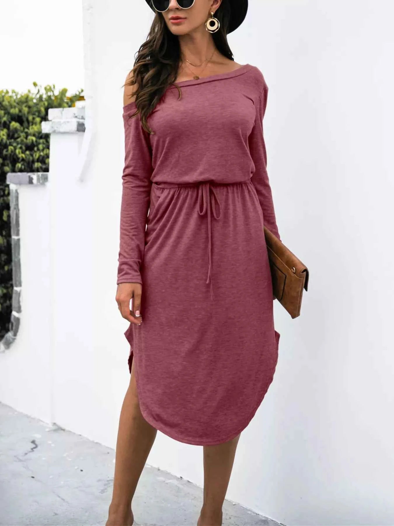 One-Shoulder Long Sleeve Midi Dress with Drawstring Waist