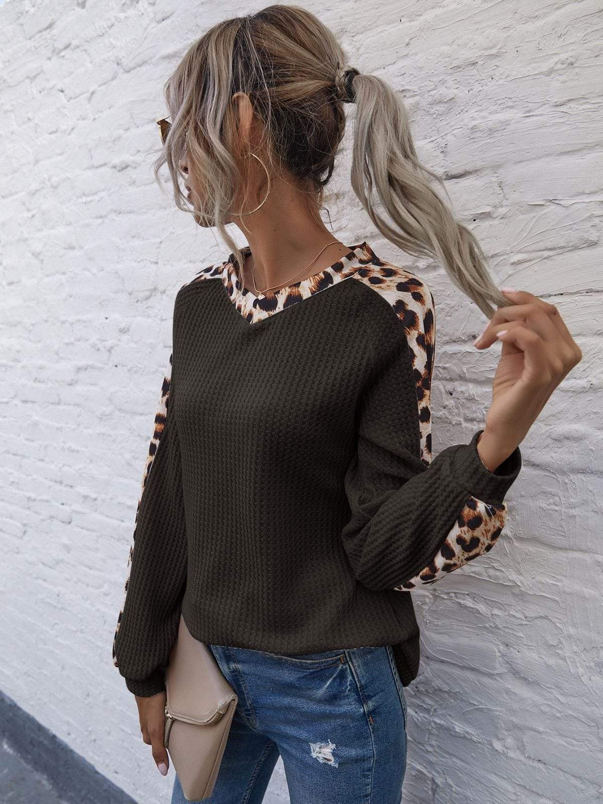 Leopard Panel Waffle Knit V Neck Women's Sweater