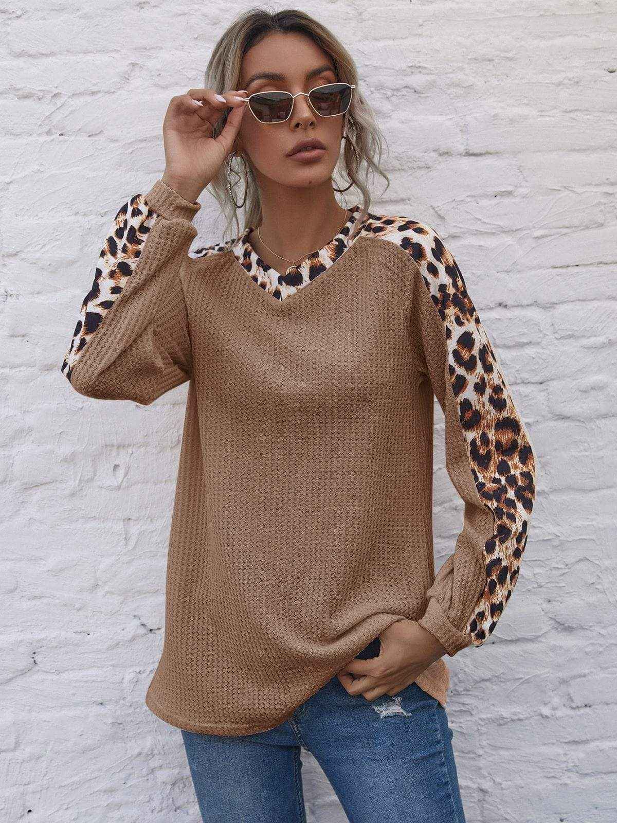 Leopard Panel Waffle Knit V Neck Sweater