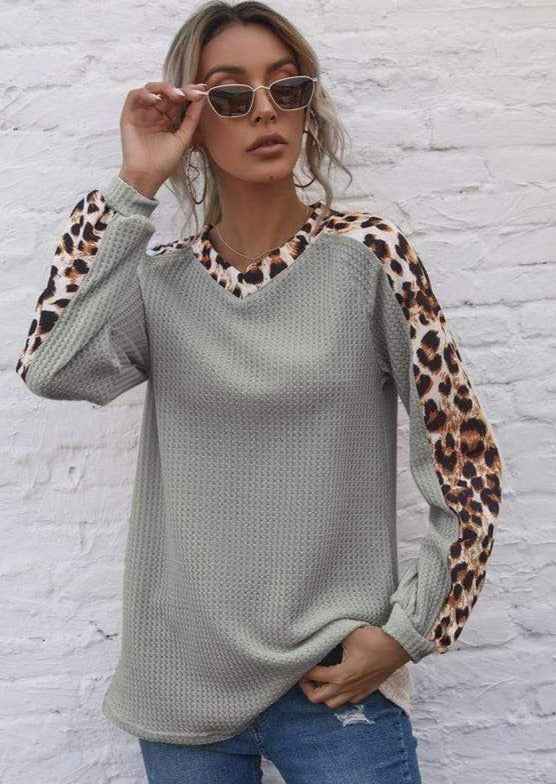 Leopard Panel Waffle Knit V Neck Sweater