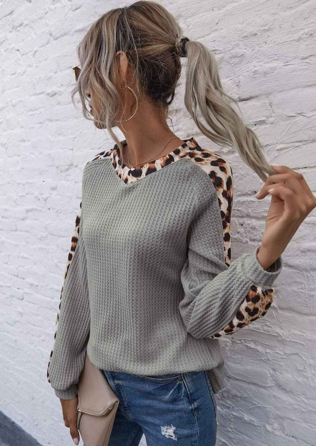Leopard Panel Waffle Knit V Neck Sweater