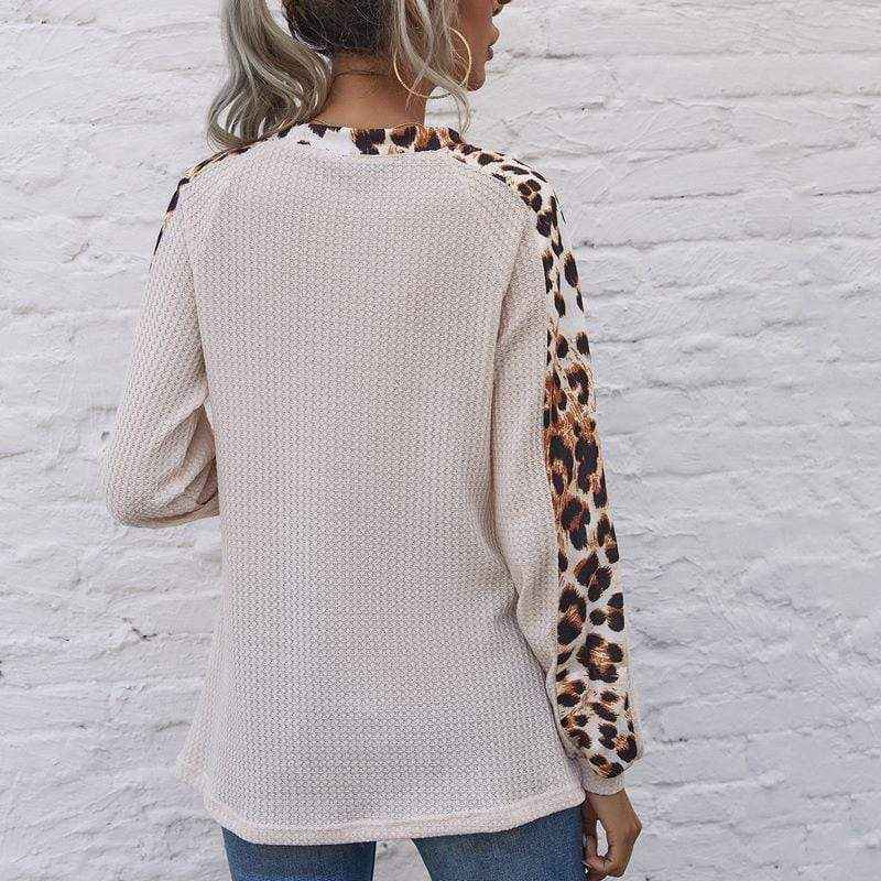 Leopard Panel Waffle Knit V Neck Sweater