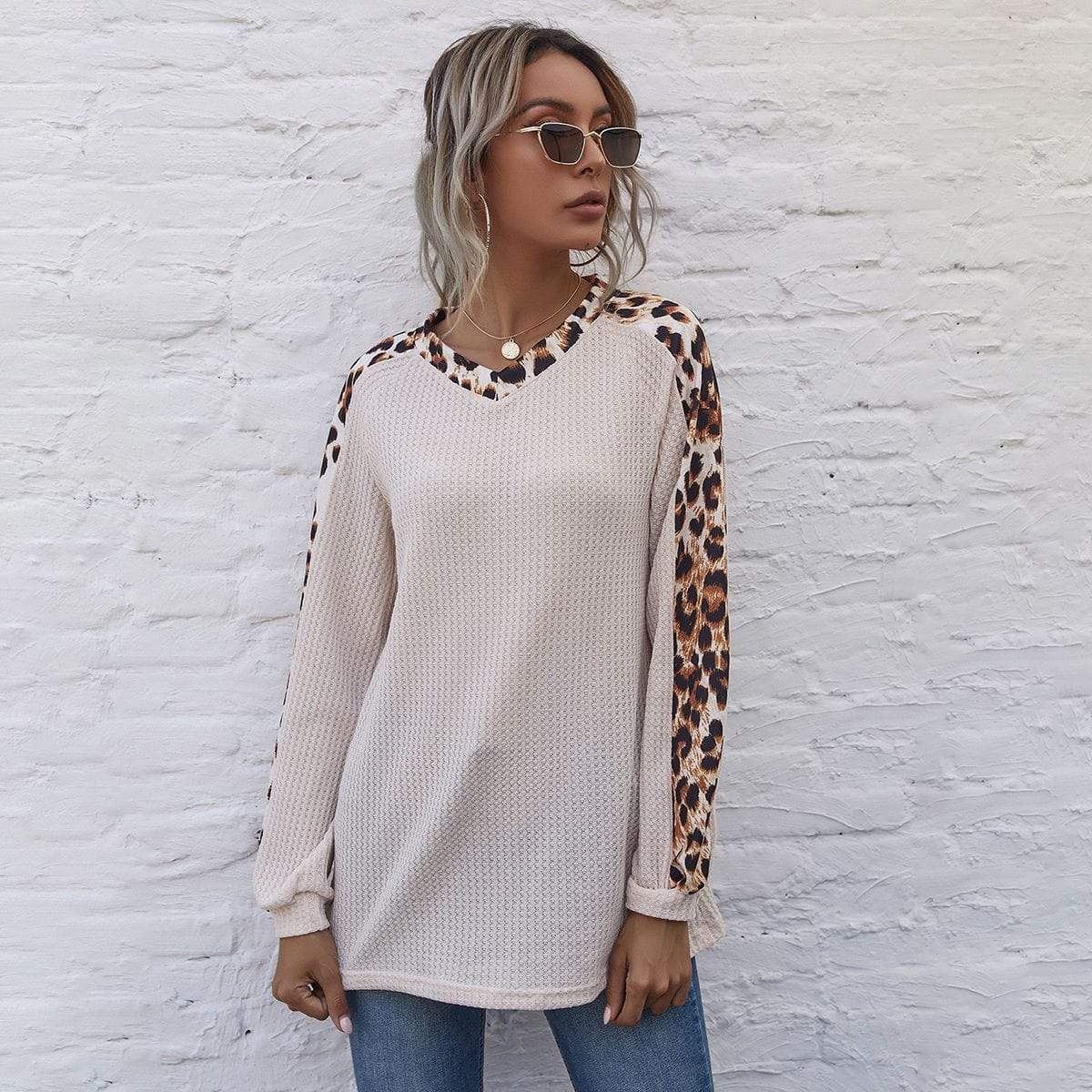 Leopard Panel Waffle Knit V Neck Women's Sweater