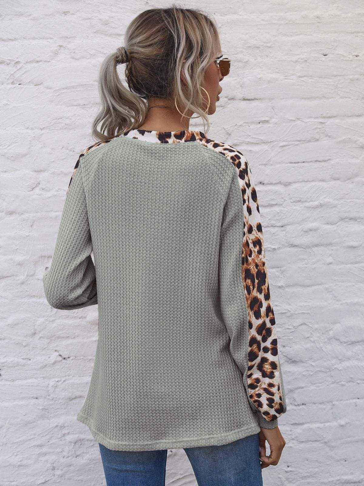 Leopard Panel Waffle Knit V Neck Sweater