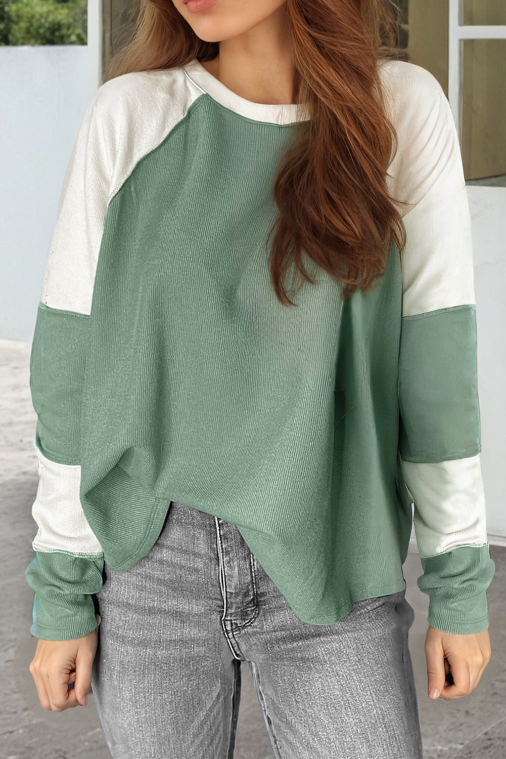 Mint Green Ribbed Colorblock Patchwork Raglan Long Sleeve Women's Top - The Eggy's store
