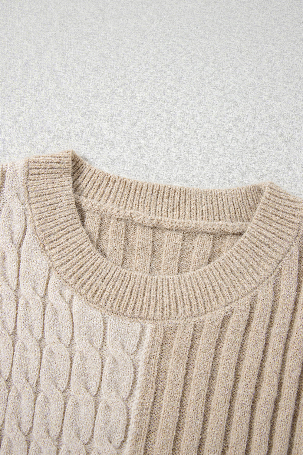 Khaki Cable Knit Colorblock Crew Neck Drop Shoulder Sweater - The Eggy's store