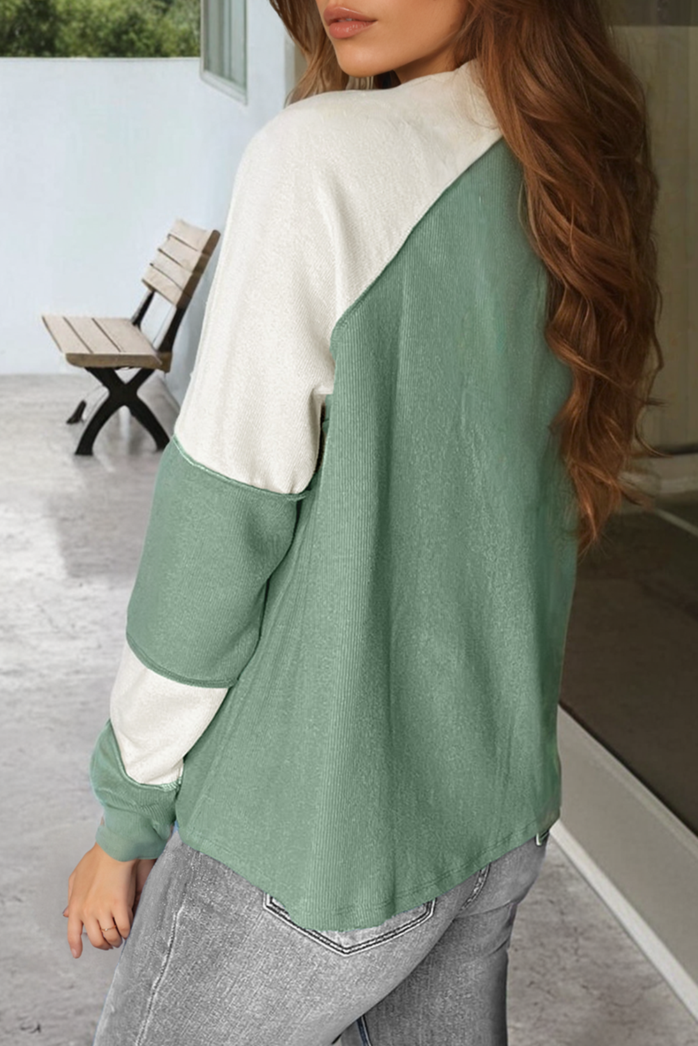 Mint Green Ribbed Colorblock Patchwork Raglan Long Sleeve Women's Top - The Eggy's store