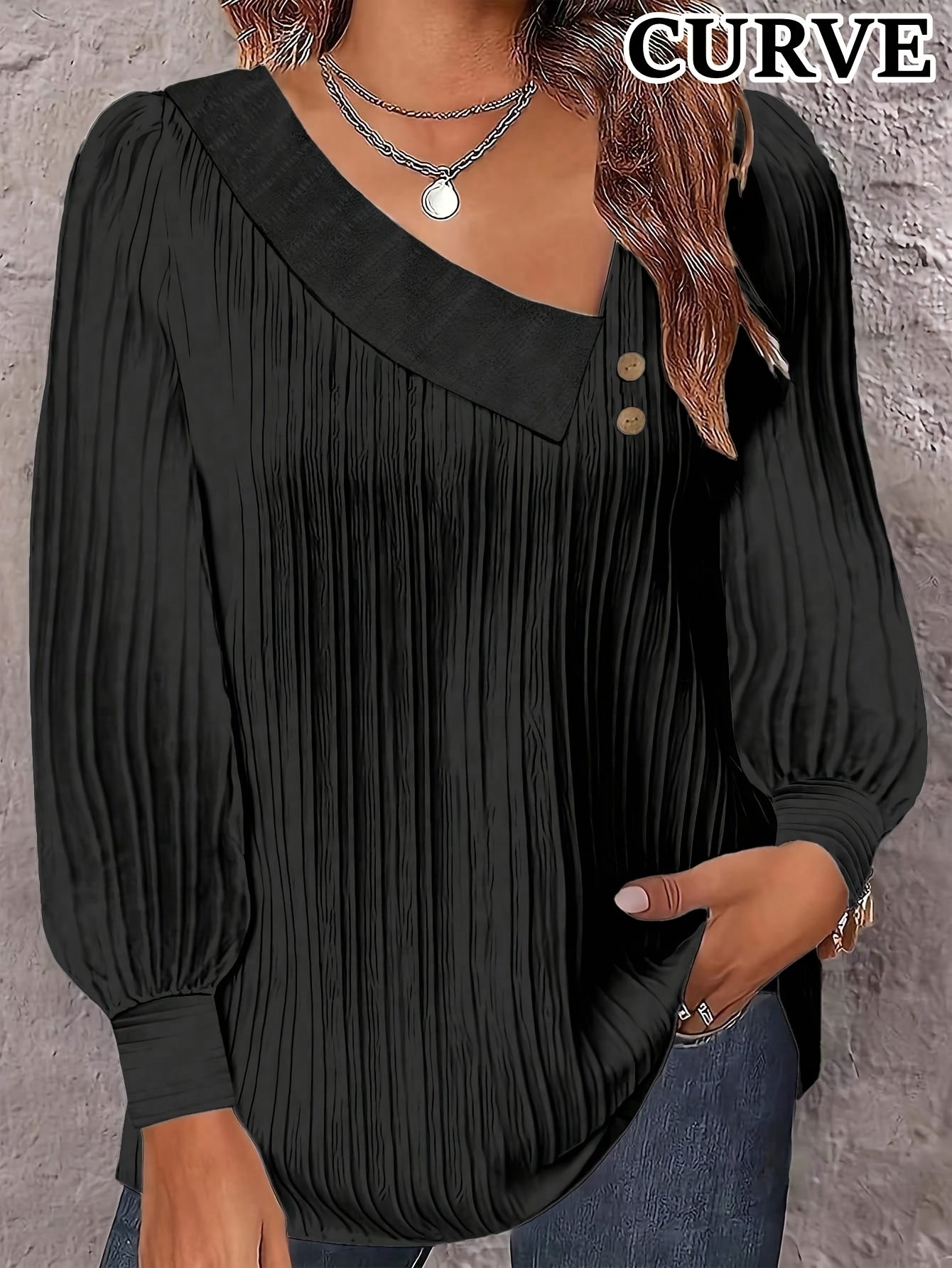 Plus Size Chic V-Neck Blouse with Decorative Buttons