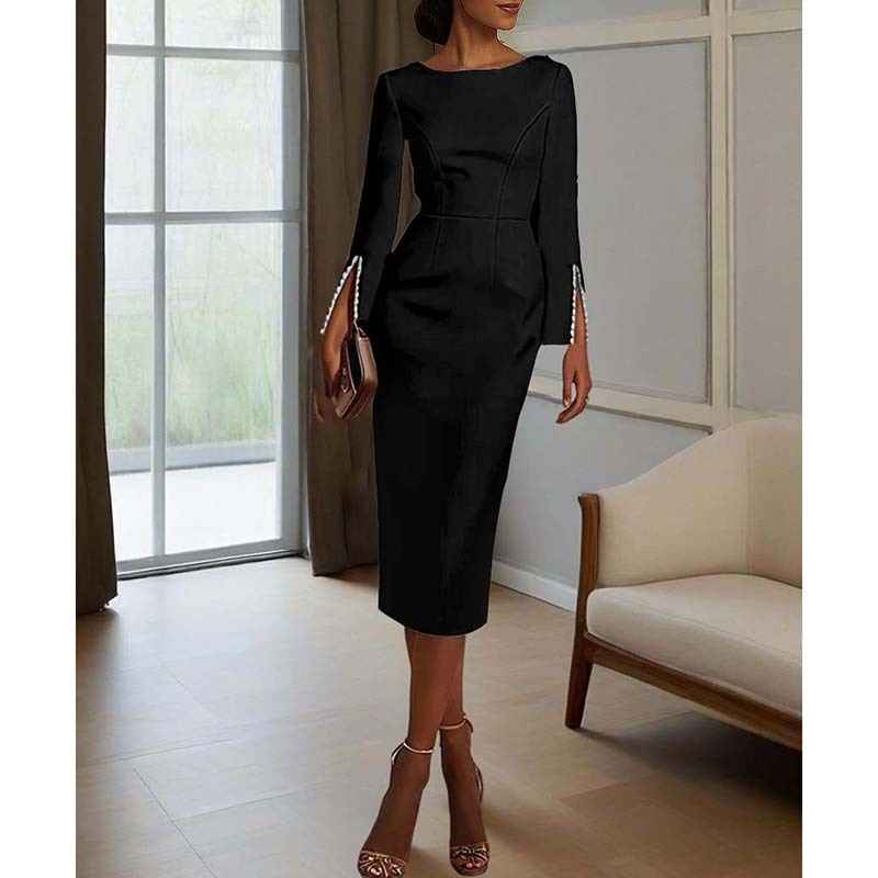 Women's Elegant Pearl Accent Bodycon Midi Dress With Sleeve Split & Back Zipper, Formal Cocktail Party Club Dress