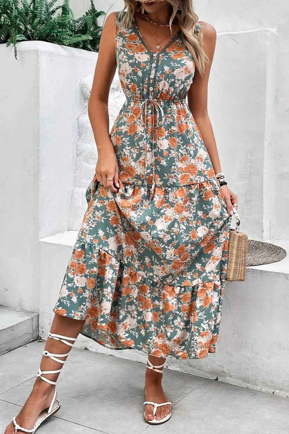 Floral Print Trimmed V Neck Tie Waist Sleeveless Dress