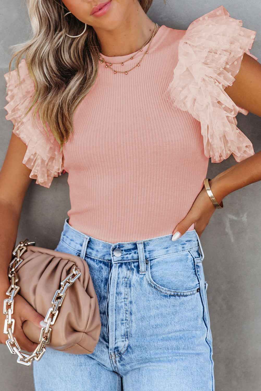 Pink Casual Dotty Layered Ruffle Ribbed Knit Top