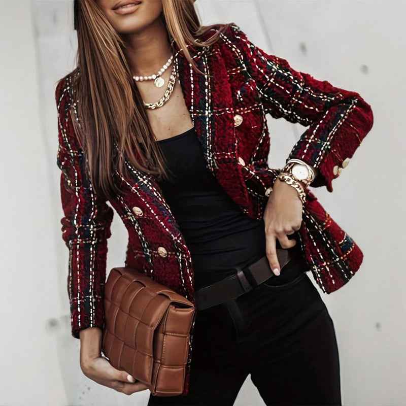 Women's Elegant Checkered Long Sleeve Blazer - Double-Breasted Printed Trench Coat For Fall&Winter, Office & Casual Jacket