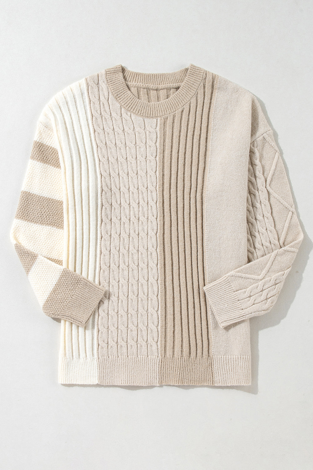 Khaki Cable Knit Colorblock Crew Neck Drop Shoulder Sweater - The Eggy's store