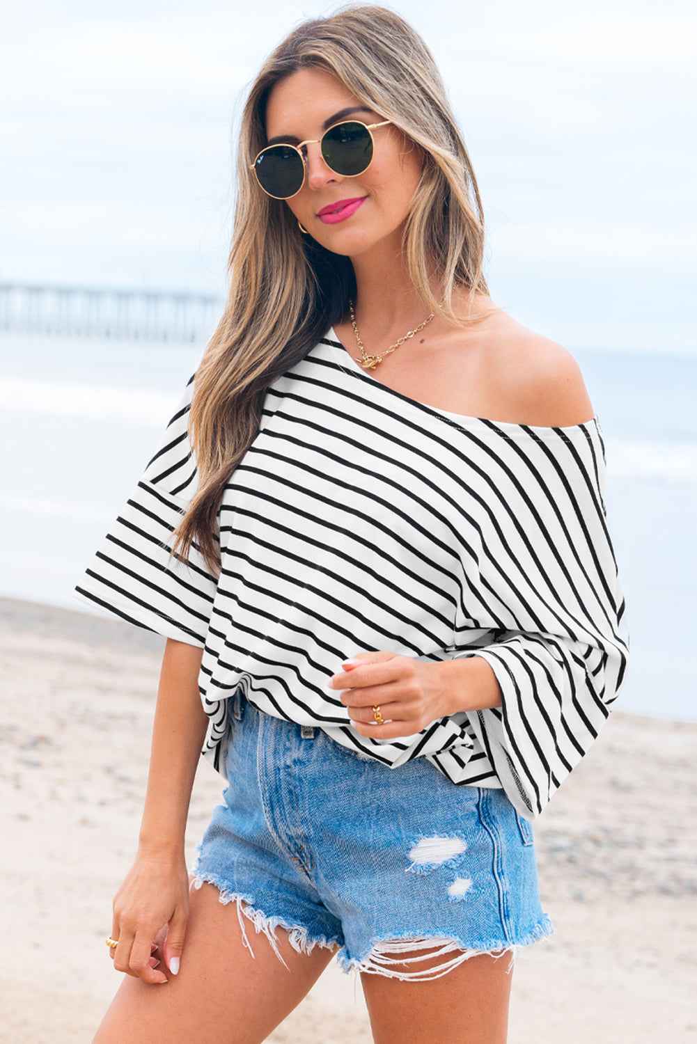 Lilia Stripe Half Sleeve Scoop Neck Loose Top