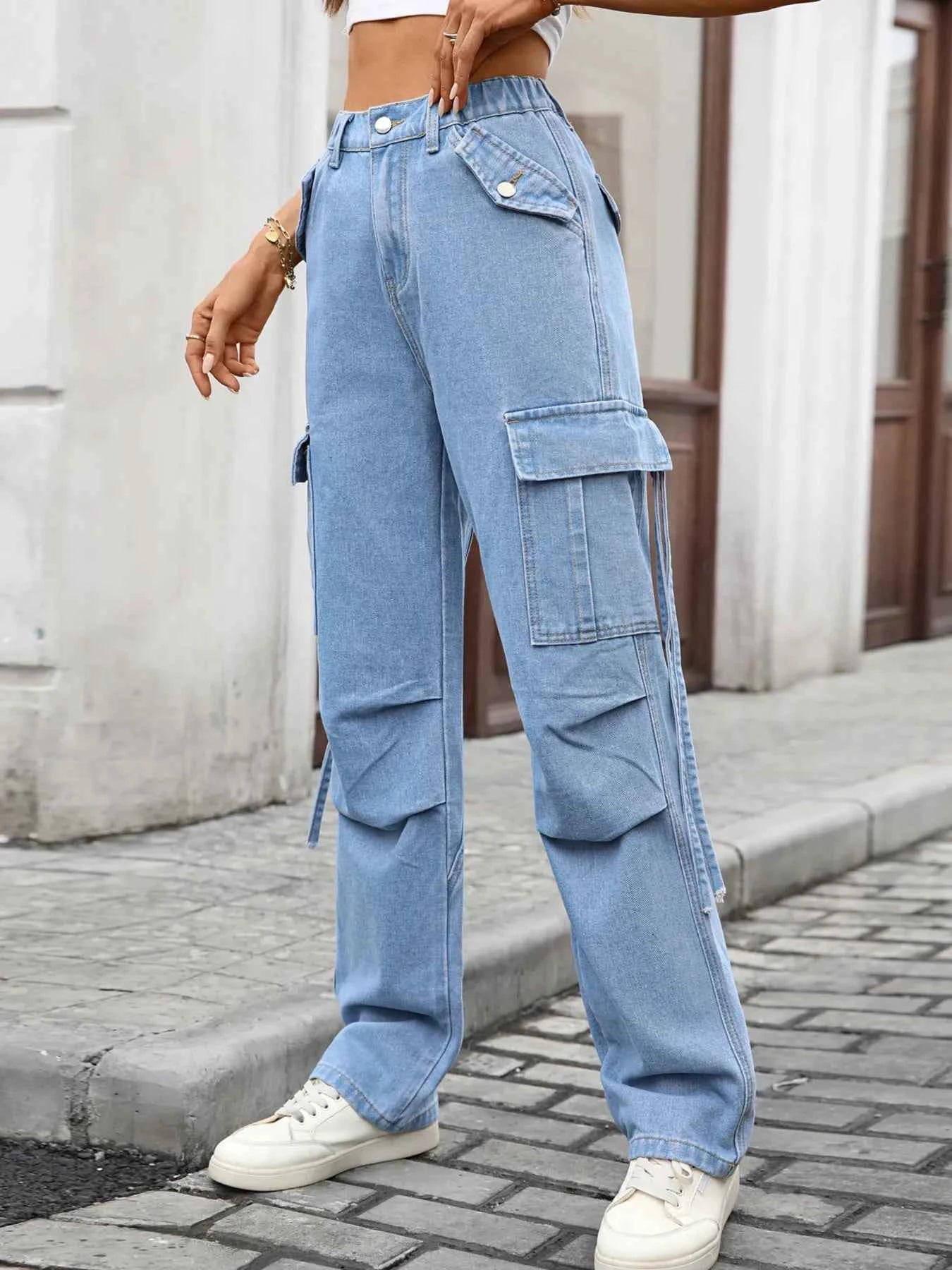 High Waisted Cargo Pocket Jeans