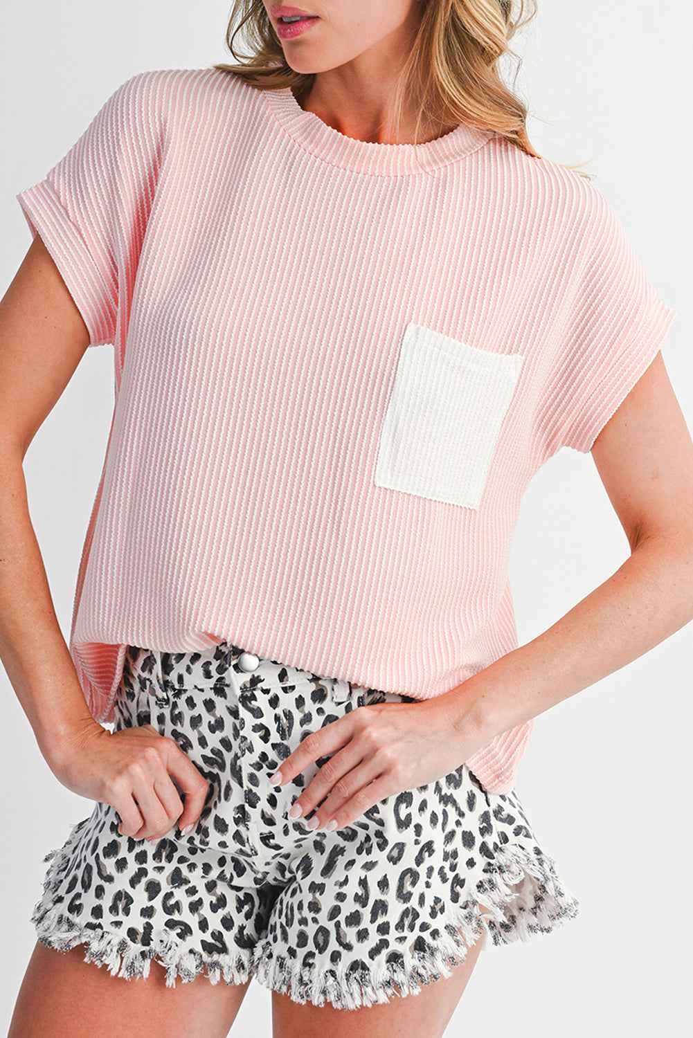 Light Blue Corded Colorblock Pocket Crew Neck T Shirt