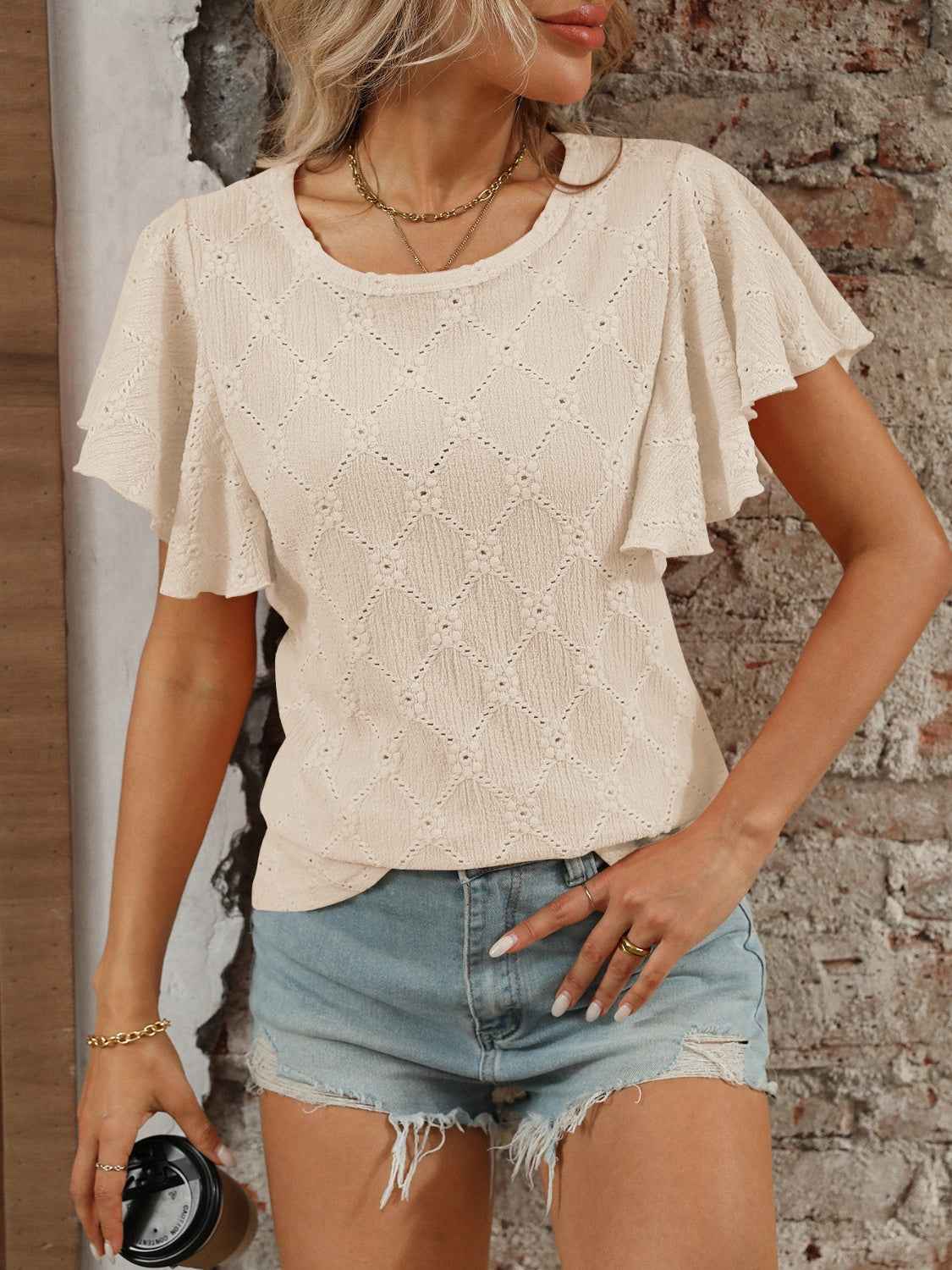 Eyelet Round Neck Flutter Sleeve Top