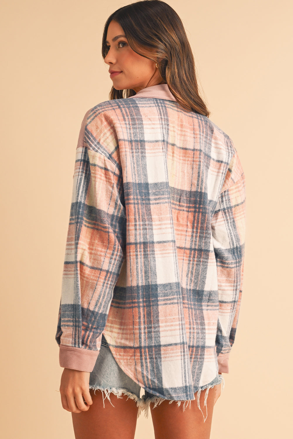 Cinnamon Plaid Corduroy Patchwork Pocket Loose Shacket - The Eggy's store