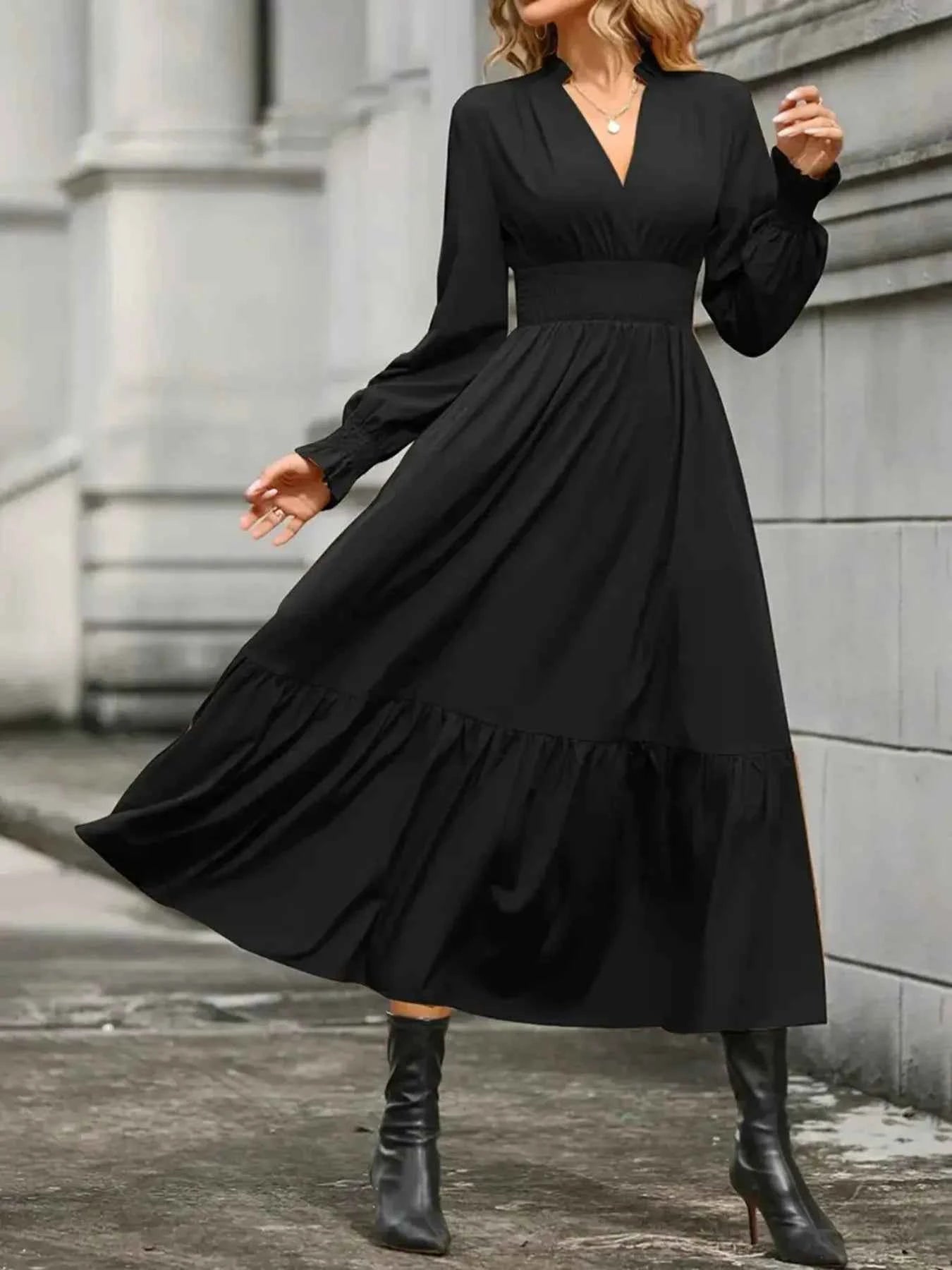 Notched Long Sleeve Tiered Dress