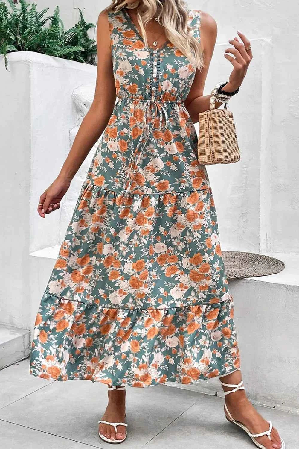 Floral Print Trimmed V Neck Tie Waist Sleeveless Dress