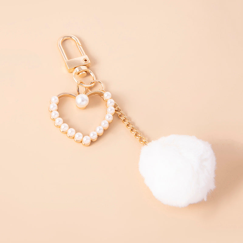 Cute White Plush Ball Keychain Fashion Pompoms Pearls Heart Charms Key Chain - The Eggy's store