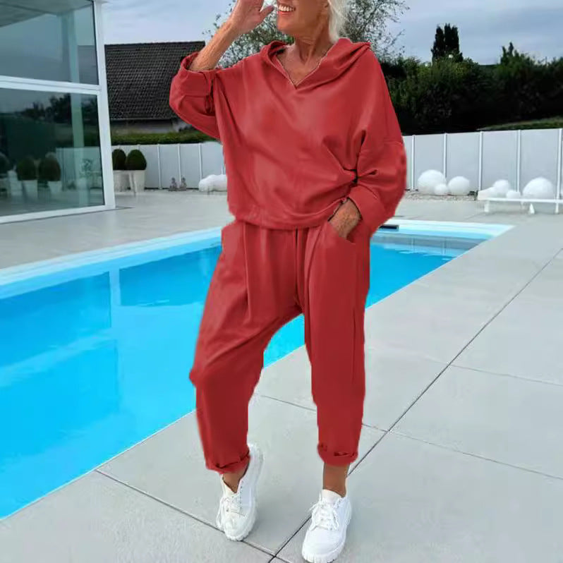 Solid Color Women's Sweatsuit Two-piece Hooded Set - The Eggy's store