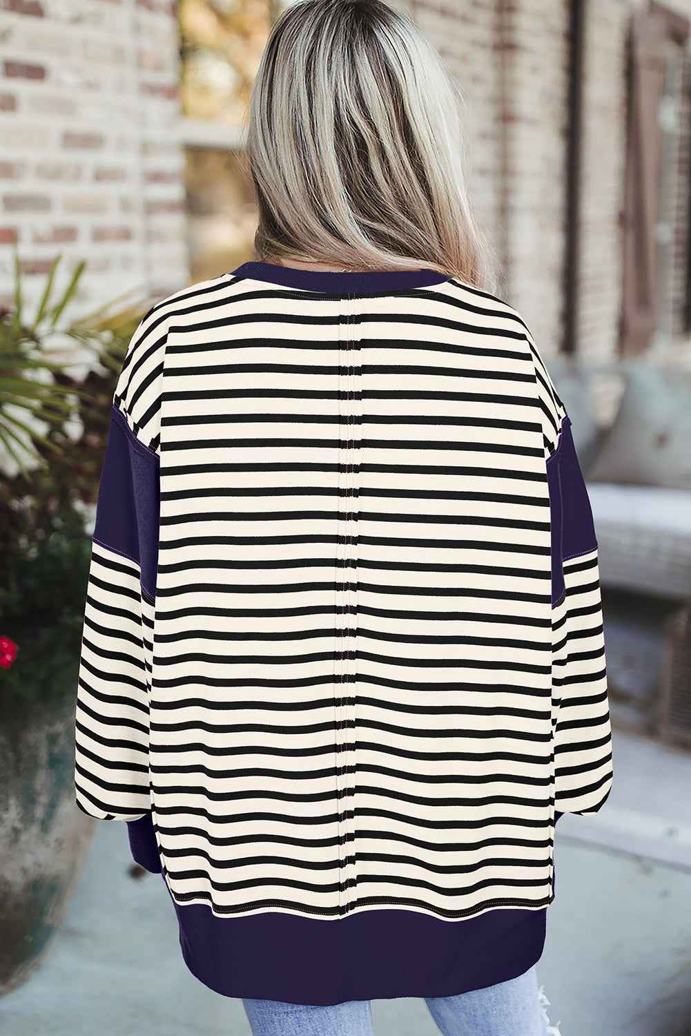 White Stripe Patchwork Exposed Seam Loose Fit Sweatshirt