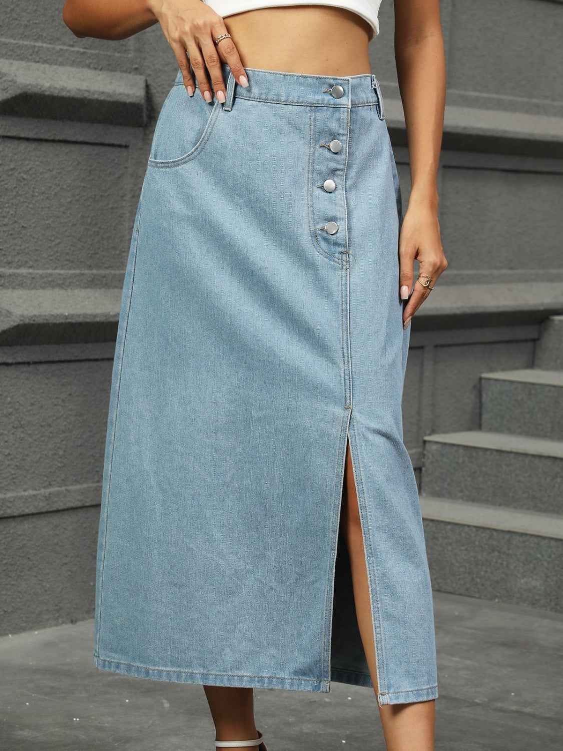 Slit Button Detail Denim Midi Skirt