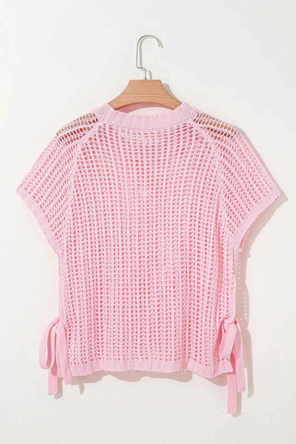 Hollow-out Crochet Side Tied Short Sleeve Knit Cover Up