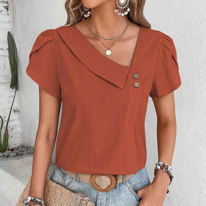 Women's Casual Petal Sleeve Asymmetrical V Neck Work Shirts Blouse Tops