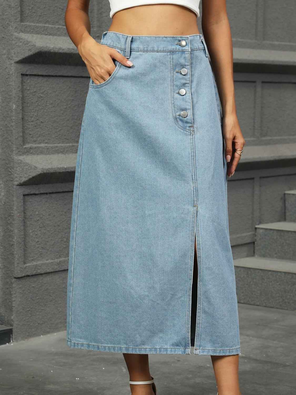 Slit Button Detail Denim Midi Skirt