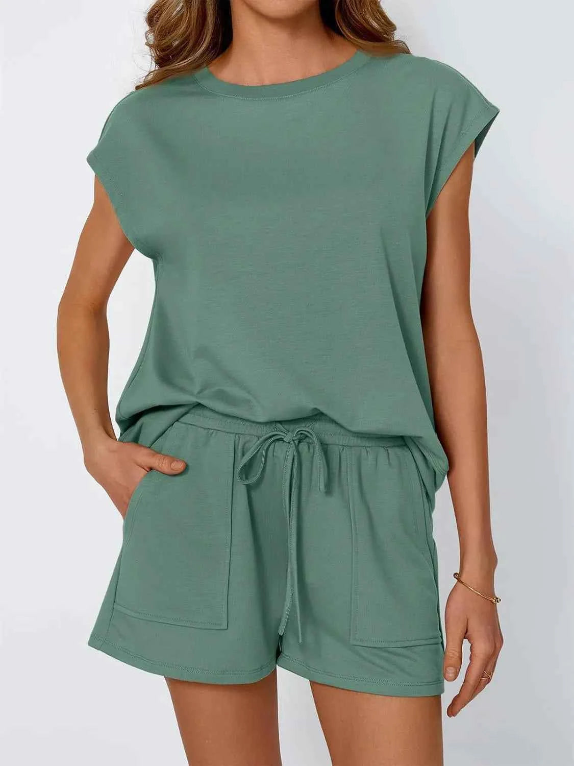 Round Neck Cap Sleeve Top and Shorts Set
