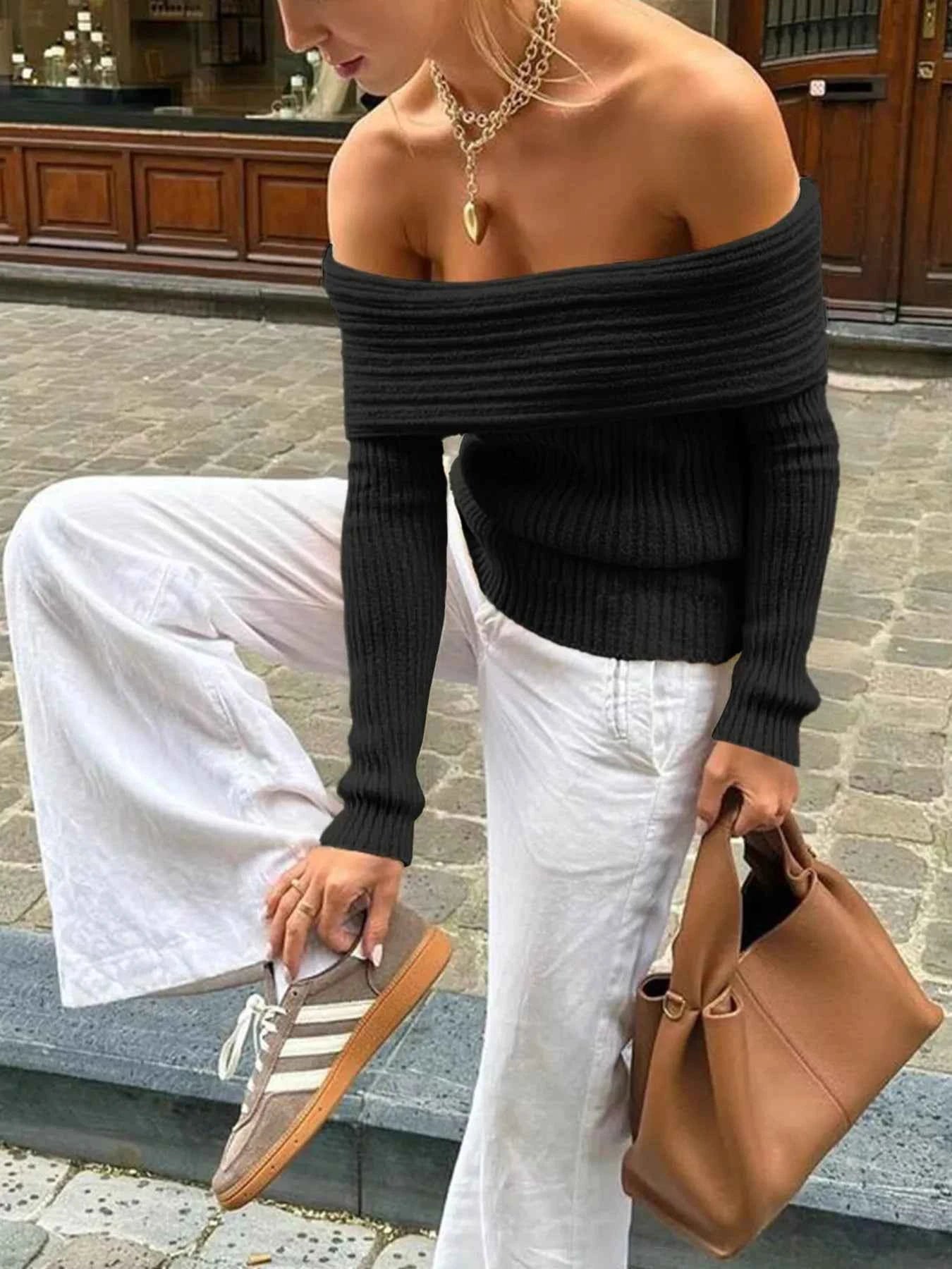 Off-Shoulder Ribbed Knit Sweater