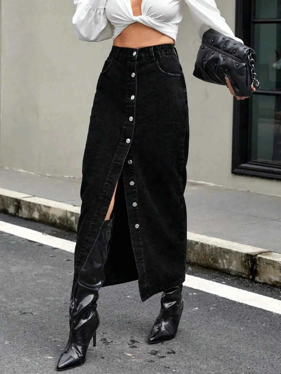 Black Button Front Denim Maxi Skirt with Slit