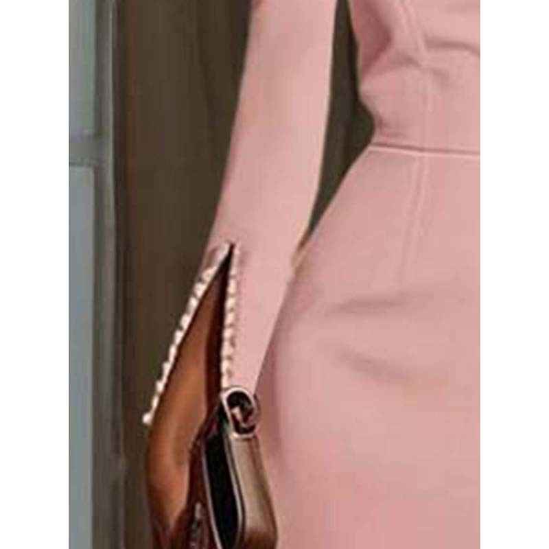 Women's Elegant Pearl Accent Bodycon Midi Dress With Sleeve Split & Back Zipper, Formal Cocktail Party Club Dress