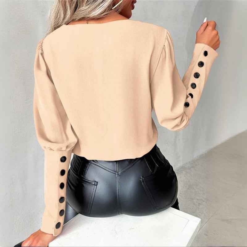 Women's V-Neck Contrast Trim Long Sleeve Blouse With Button Cuff Detail - Casual Comfort Top For Spring&Fall