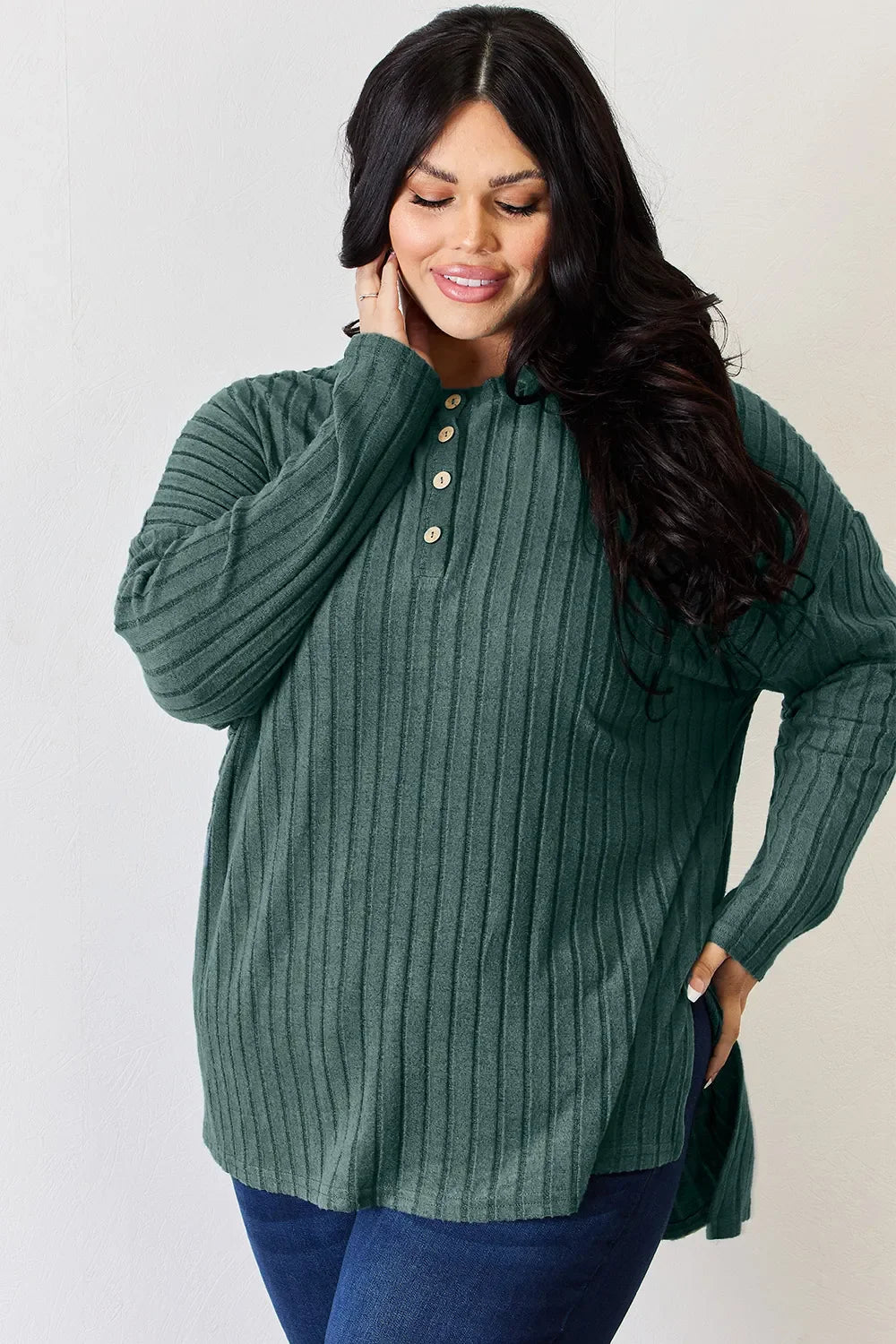 Basic Bae Full Size Ribbed Half Button Long Sleeve High-Low Women's T-Shirt - The Eggy's store
